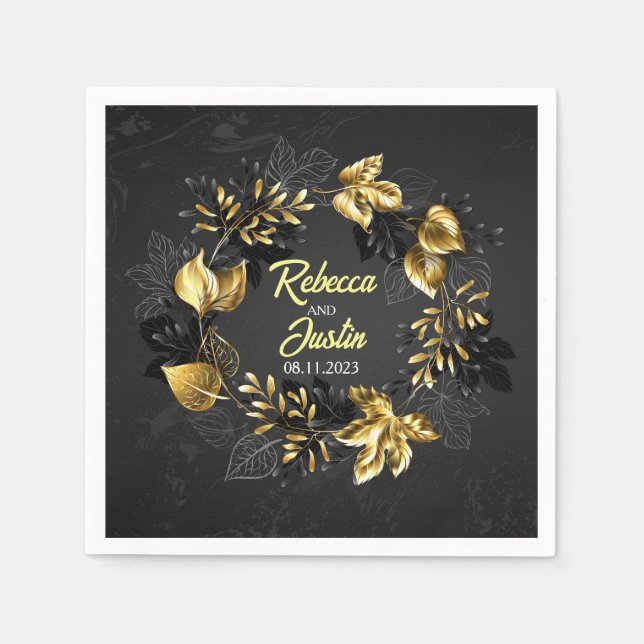 Serviette En Papier Feuilles d'or automne Noir Moderne Boho (Devant)