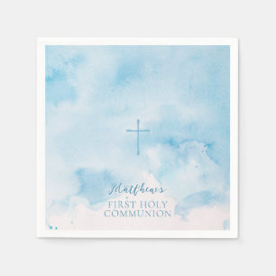Serviette En Papier Feuilles et croix de couleur bleu communion