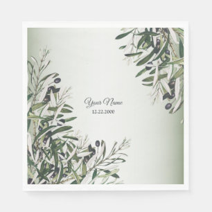 Serviette En Papier Feuilles Vertes Olivier Noir Élégant Mariage Party