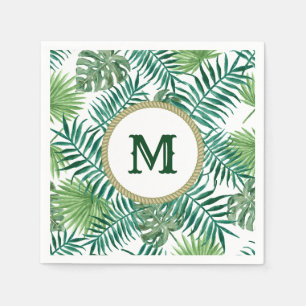 Serviette En Papier Feuilles verts tropicaux avec monogramme personnal