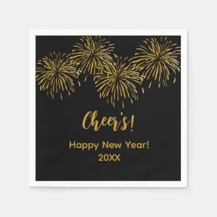Serviette En Papier Feux d'artifice Or Noir Bonne Année Fête 