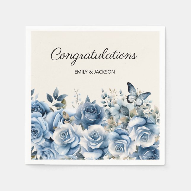 Serviette En Papier Fiançailles aux papillons floraux bleu poussière (Devant)