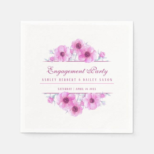 Serviette En Papier Fiançailles d'aquarelle à fleurs d'anémone rose (Devant)