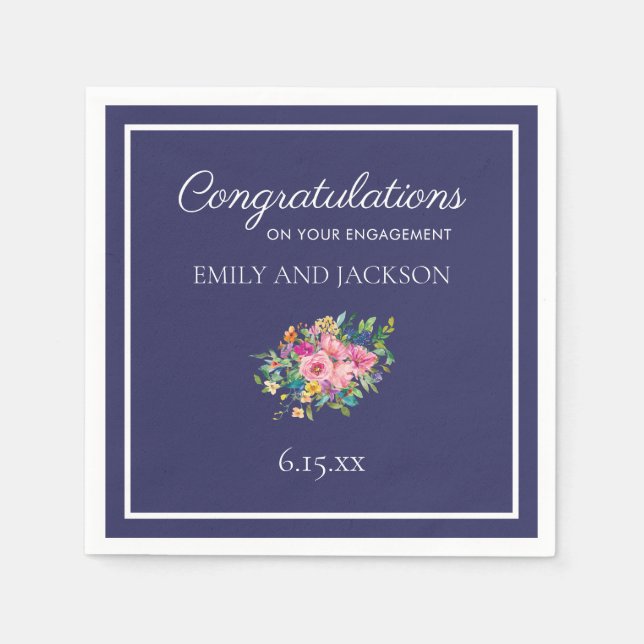 Serviette En Papier Fiançailles floral bleu marine (Devant)