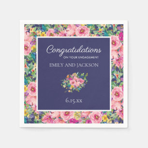 Serviette En Papier Fiançailles Florales Aquarelle Rose Navy Personnal