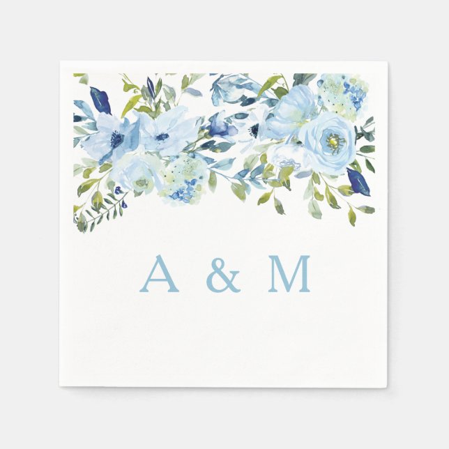 Serviette En Papier Fiançailles Mariage de fleurs d'aquarelle bleu (Devant)