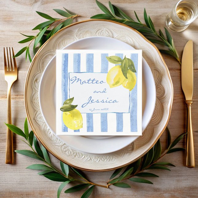 Serviette En Papier Fil à la main bleu rayures citrons italien mariage (Handrawn blue stripes lemons Italian wedding monogrammed Napkins personalized decor printed napkins)
