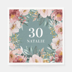 Serviette En Papier Fille aquarelle florale anniversaire rose chic