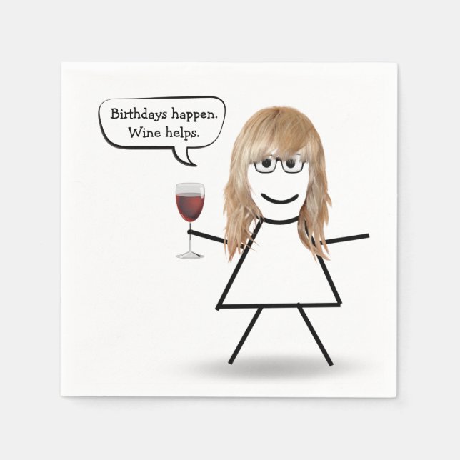 Serviette En Papier Fille bâton d'anniversaire avec verre à vin (Devant)