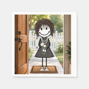 Serviette En Papier Fille bonhomme allumette avec bouquet de pâquerett