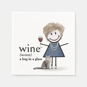 Serviette En Papier Fille Bonhomme Allumette Avec Vin Et Chat