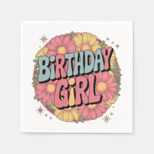 Serviette En Papier Fille d'anniversaire - Célébration florale rétro