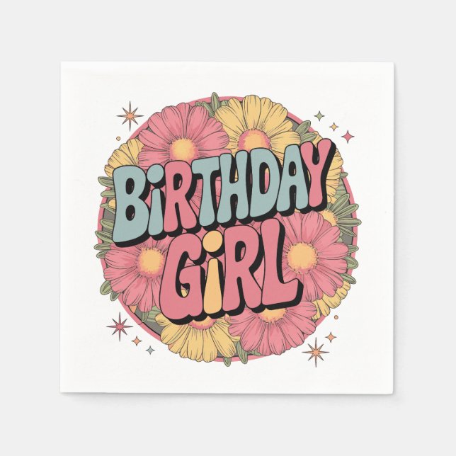 Serviette En Papier Fille d'anniversaire - Célébration florale rétro (Devant)