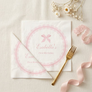 Serviette En Papier Fille d'anniversaire d'un an avec noeud en dentell