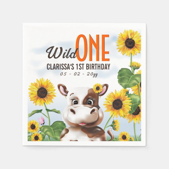 Serviette En Papier Fille de Tournesol de vache premier anniversaire (Devant)