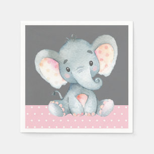 Serviette En Papier Fille Eléphant Baby shower rose et gris