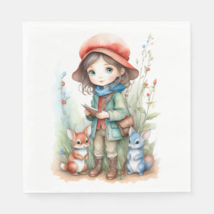 Serviette En Papier Fille mignonne avec des amis animaux à Woods