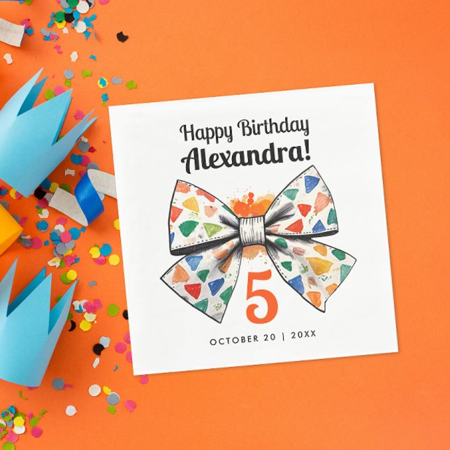 Serviette En Papier Fille Moderne Orange Colorée Nom Bow Aquarelle (Créateur téléchargé)