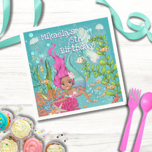 Serviette En Papier Fille noire Cheveux rose sous la mer Anniversaire