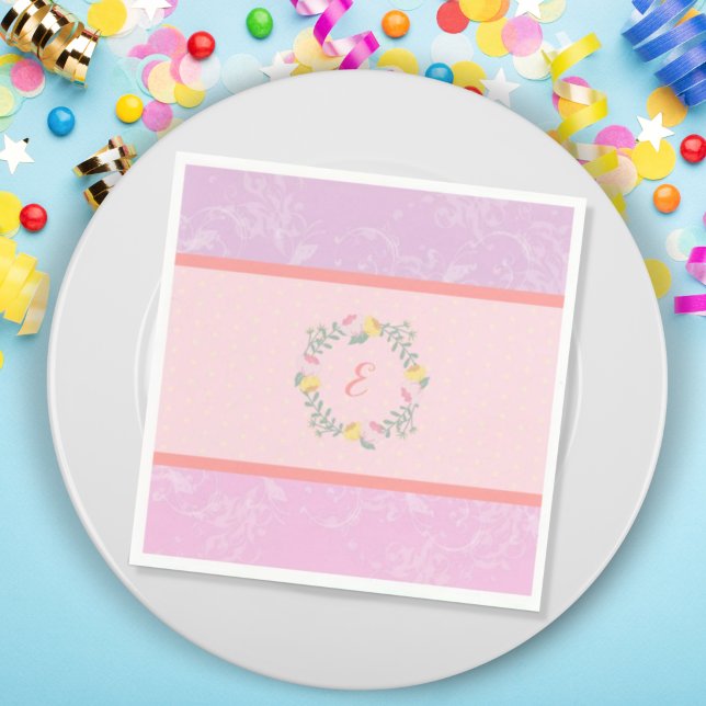 Serviette En Papier Fille Pastel rose et lavande Floral Monogramme enf (Créateur téléchargé)