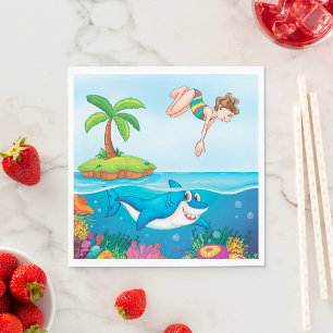 Serviette En Papier Fille plongeant dans l'océan avec un requin ami et