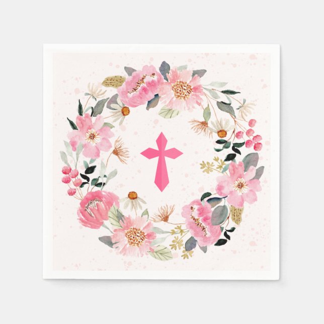 Serviette En Papier Fille première communion aquarelle rose floral (Devant)