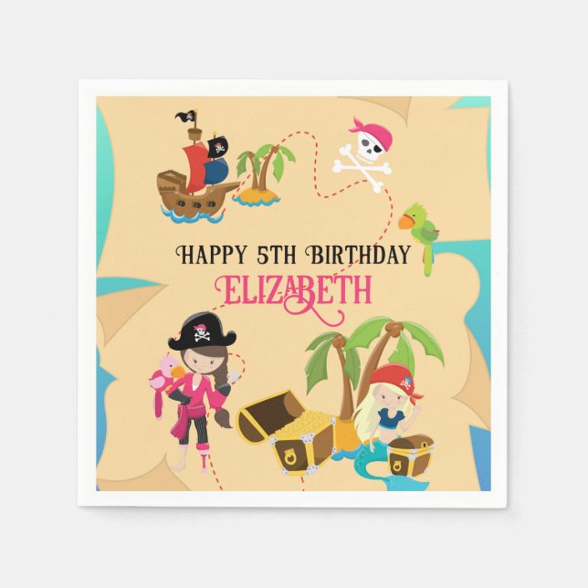 Serviette En Papier Fille Rose Cute Personnalisée Pirate Anniversaire (Devant)