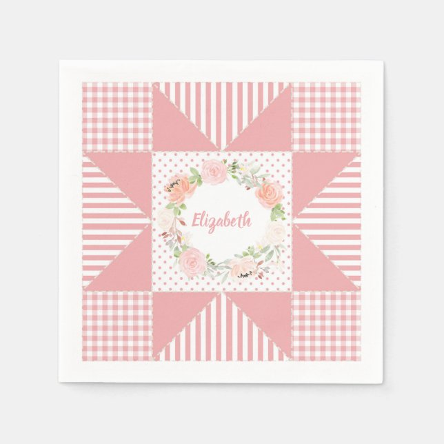 Serviette En Papier Fille rose soir Star Quilt Rose couronne et nom (Devant)