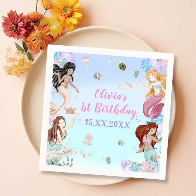 Serviette En Papier Fille Sirène 1ère fête d'anniversaire (Créateur téléchargé)