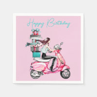 Fille sur un scooter avec des cadeaux