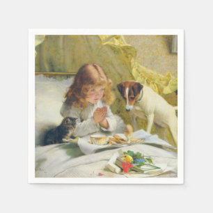 Serviette En Papier Fille Vintage priant avec l'art du chat et du chie