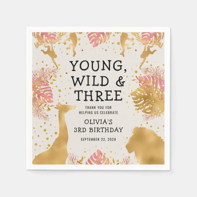 Serviette En Papier Filles 3e anniversaire fête Pink Gold Ecru Safari (Devant)