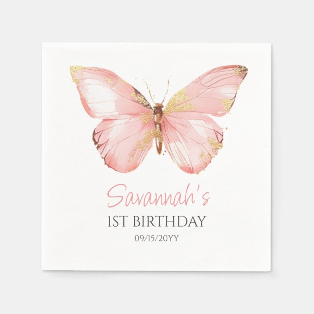 Serviette En Papier Filles mignonne Papillon rose pâle 1er anniversair (Devant)