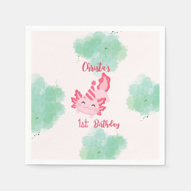 Serviette En Papier Filles Pink Axolotl 1er Anniversaire Invitation (Devant)