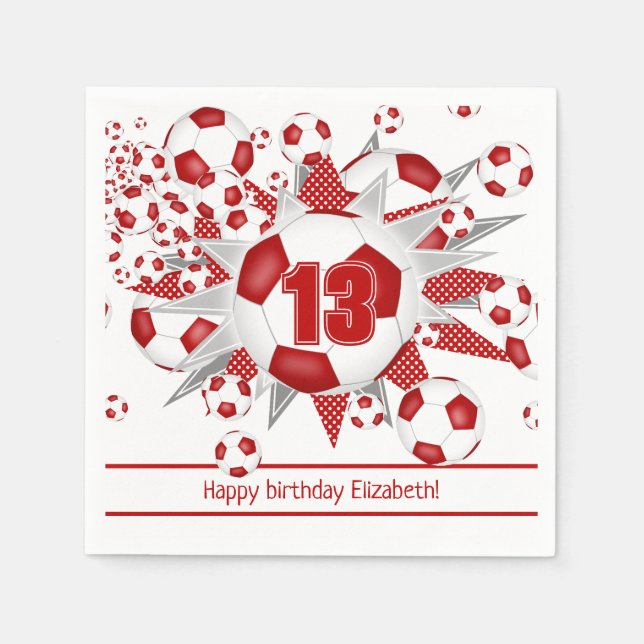 Serviette En Papier Filles rouge soccer anniversaire ou fête d'équipe (Devant)
