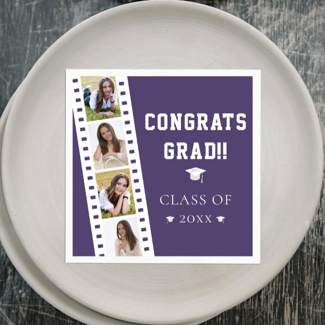Serviette En Papier Filmstrip Four Photo Collage Graduation | Pourpre (Purple Filmstrip Four Photo Collage Graduation Party Napkins)