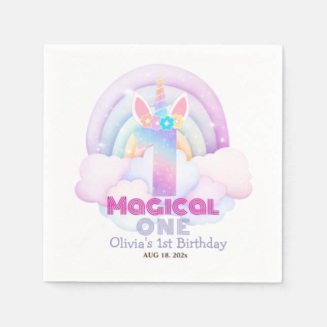 Serviette En Papier First Birthday Party Unicorn Rainbow (Devant)