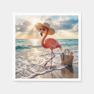 Serviette En Papier Flamant chic avec chapeau de soleil et lunettes de