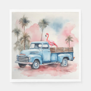 Serviette En Papier Flamant rose Aquarelle En Camion Bleu Rétro