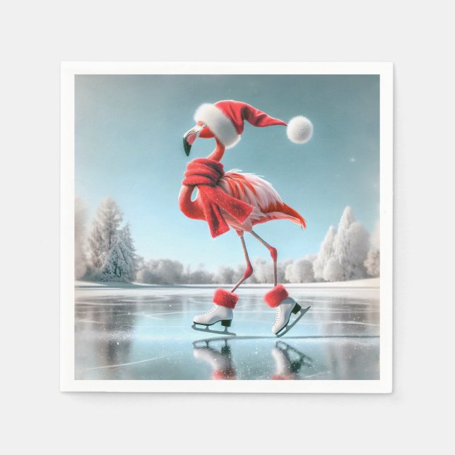 Serviette En Papier Flamant rose de Noël Patinage sur glace (Devant)