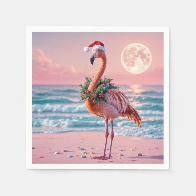 Serviette En Papier Flamant rose De Noël Sur Pink Beach (Devant)