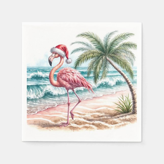 Serviette En Papier Flamant rose de Noël sur une plage (Devant)
