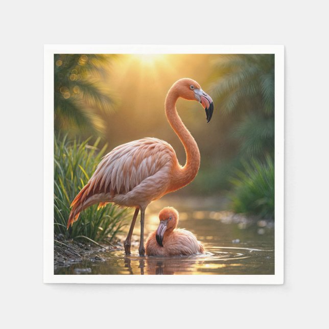 Serviette En Papier Flamant rose mère et poussin (Devant)