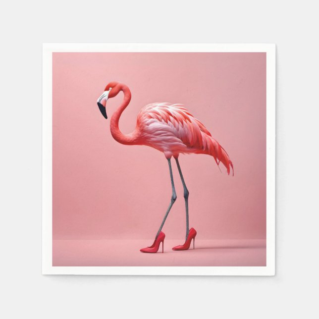 Serviette En Papier Flamant rose portant des talons rouges hauts (Devant)