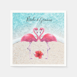 Serviette En Papier Flamant rose rose amoureux à la plage Mariage