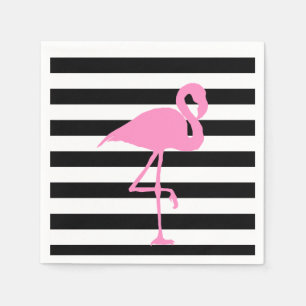 Serviette En Papier Flamant rose rose sur noir et blanc rayé