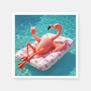 Serviette En Papier Flamant rose se relaxant sur un matelas de piscine