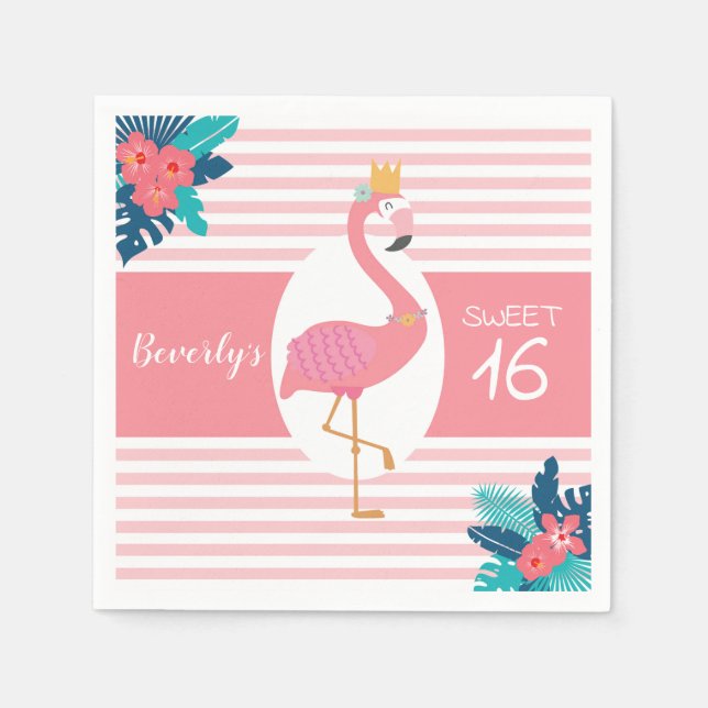 Serviette En Papier Flamant rose tropical rose et bleu floral 16e (Devant)