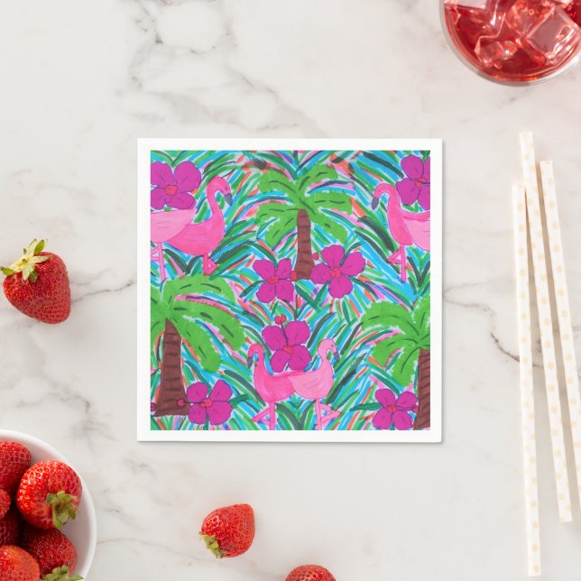Serviette En Papier Flamants roses de beach party et palmiers (En situation)