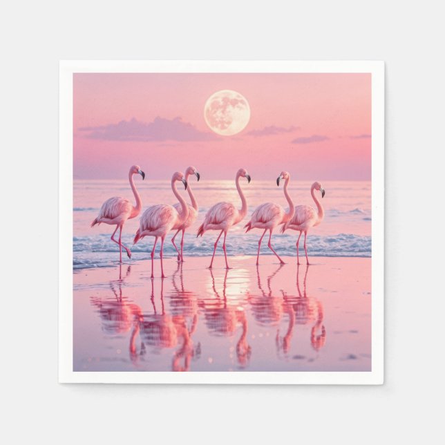 Serviette En Papier Flamants roses Sur une plage rose (Devant)